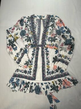 Free People White Floral Mini Dress with Pink and Blue Accents